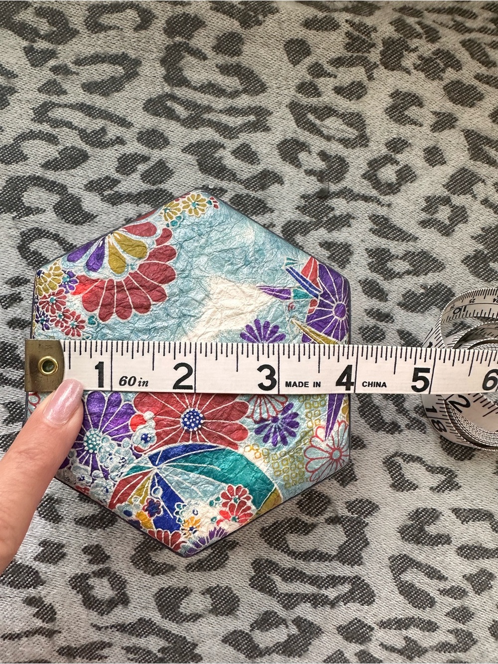 Hexagonal Floral Decorative Box in Teal, Red, Purple - Picture 5 of 6
